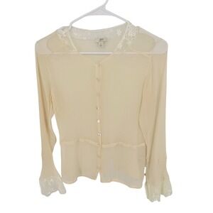 J. Jill Silk Blouse Womens 4 Cream Lace Trim Sheer Poet Sleeve Victorian Regency